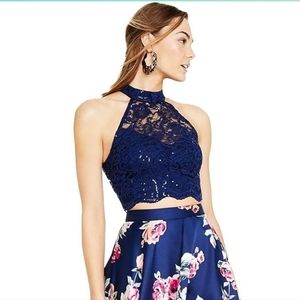Sequined Lace Lined Halter Crop Top Navy Blue Juniors 7 NWT